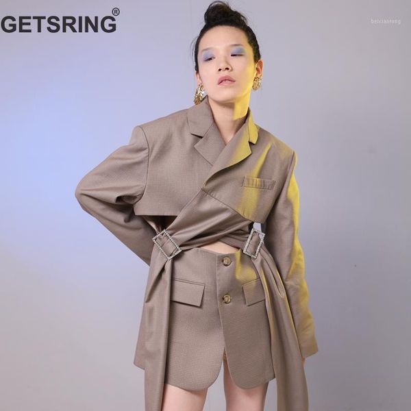 

getsring women blazer plaid irregular womens blazers long sleeve cross bandage buckle fake two suit coat woman autumn1, White;black