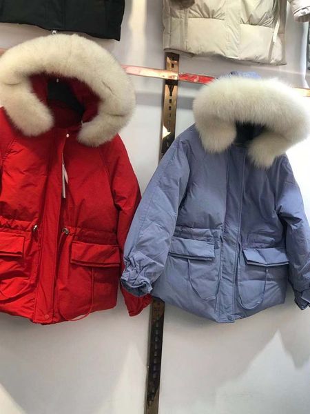 

new fashion womens designer winter down jackets hoodie loose dark real fox collar short down jacket womens coat size s-m, Black