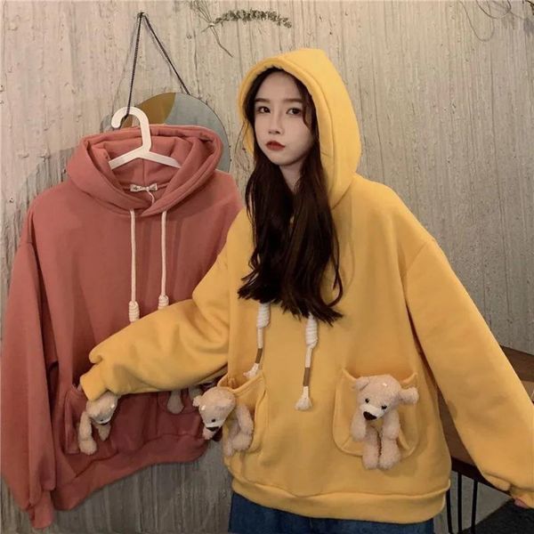 

2020 new korean loose cute bear plush hooded long sleeve sweater for women, Black