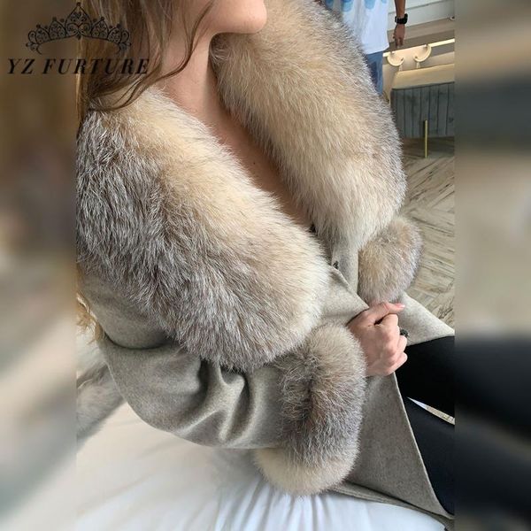 

women's fur & faux fashion real coat winter jacket women natural collar cashmere woolen blends coats outerwear streetwear warm, Black