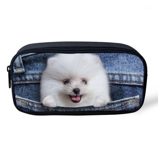 

novelty child pencil case denim 3d pomeranian dog women cosmetic make up case pen pouch bag pencil box school supply1