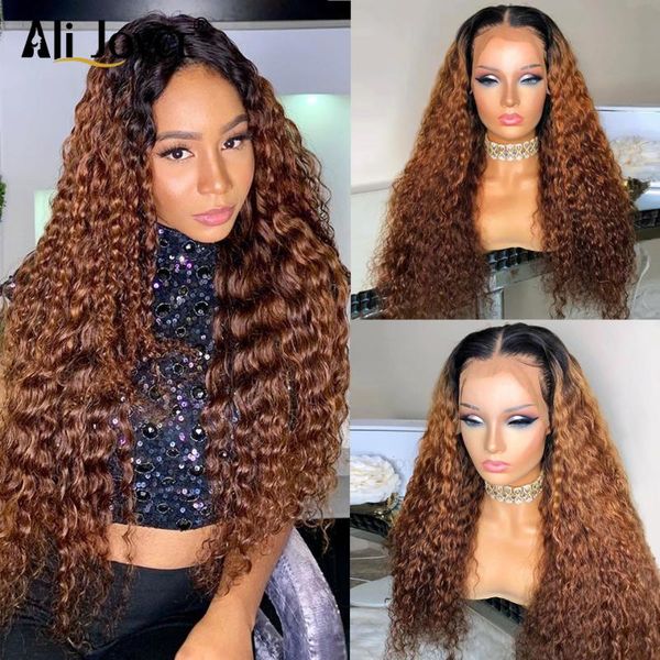 

lace wigs ombre curly wig preplucked front brazilian human hair for women 13x4 baby 4x4 closure ali joyce, Black;brown
