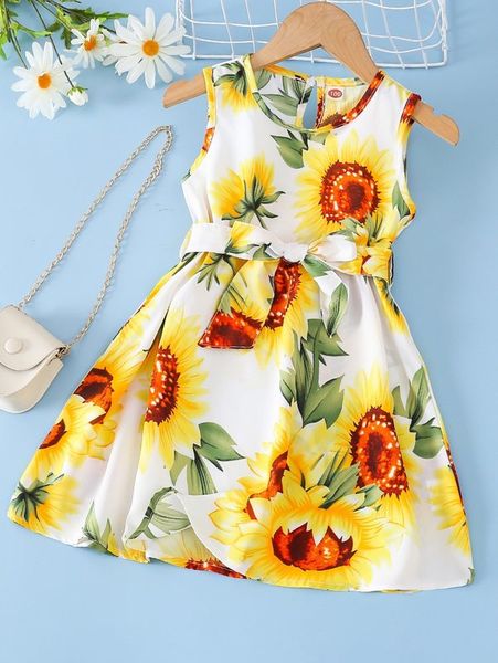 

toddler girls floral print keyhole back belted dress she, Red;yellow