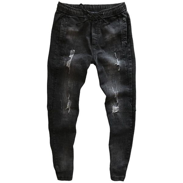 

2021 social spirit guy buckle jeans men's slim spring summer small feet harem pants korean trend teenagers ripped trousers, Blue