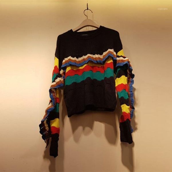 

2020 autumn and winter new o neck loose pullover ruffles patchwork contrast color full knitted sweaters for women1, White;black