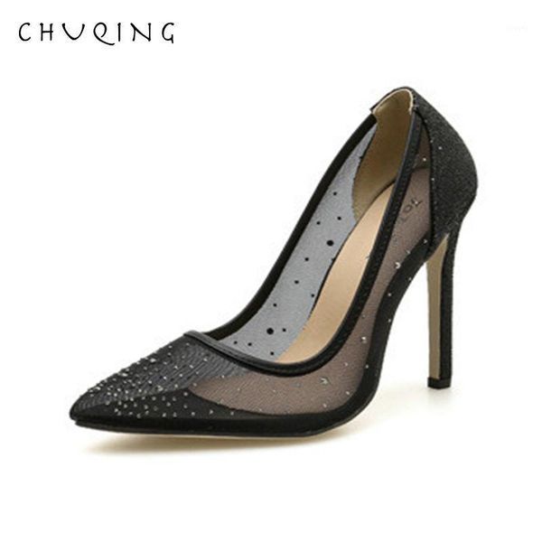 

chuqing 2021 autumn new rhinestone mesh stiletto women's shoes pointed shallow mouth high heels1, Black