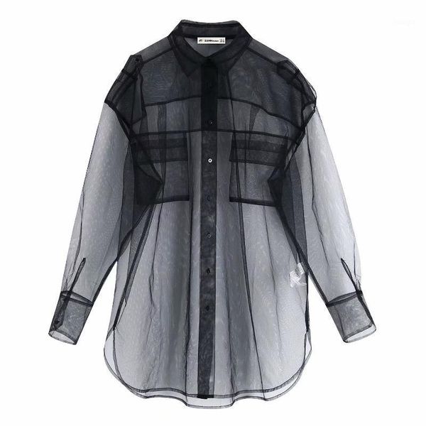 

women transparent mesh blouse pockets see-through black shirt casual loose female turn down neck long shirt plus size1, White