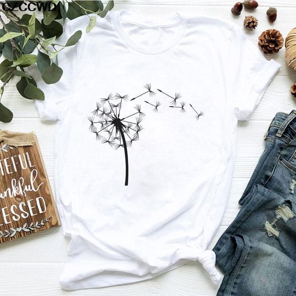 

summer down wildflower dandelion print vogue women t-shirt simple casual fun t shirt gift for lady yong girl tees, White