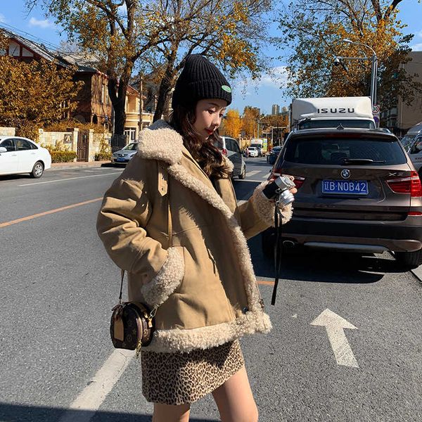 

year's red lamb hair short down women's new korean loose thickened cotton jacket, Black