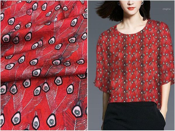 

22mm herringbone pattern heavy silk fabric red bottom peacock feathers inkjet elastic silk satin dress fabric boutique1, Black;white