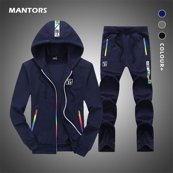 

brand men hoodies tracksuit hooded sweatshirt men's set autumn winter two pieces set jacket+pants sportswear rainbow suit 201109, Gray