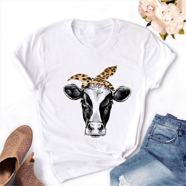

kawaii leopard cow bandana print женщины футболка мультфильм распечатать футболку harajuku tshirt смешные топы тис tees летние формушки femm, White