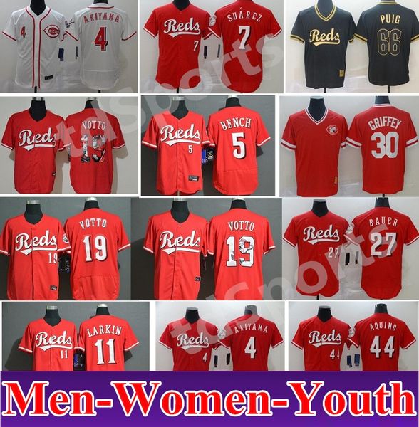 

cincinnati men women kids 7 eugenio suarez reds 5 johnny bench barry larkin 19 joey votto ken griffey jr yasiel puig baseball jersey, Blue;black