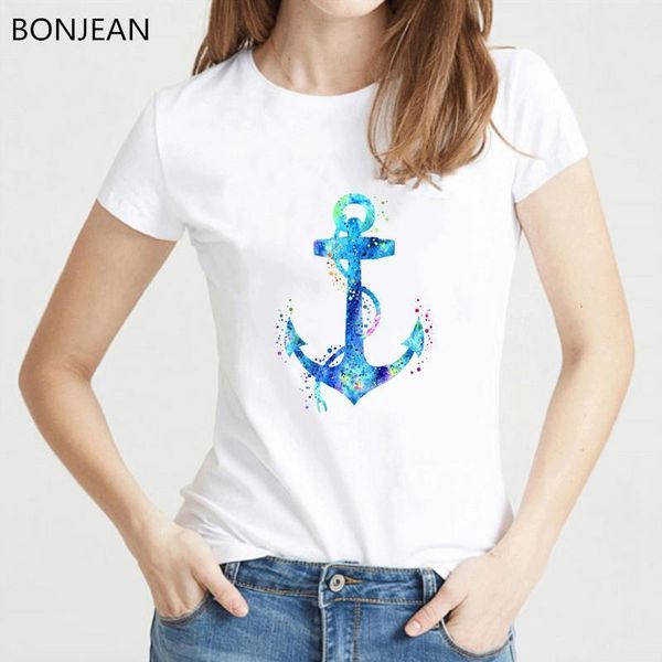 

watercolor anchor printed tshirt women white harajuku kawaii t shirt femme summer gothic female t-shirt drop shipping
