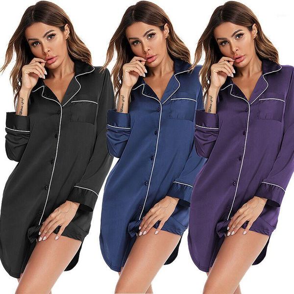 

euro style ladies night dress long-sleeved thin silk mid-length loose nightdress women satin nightwear home nightshirt sleepwear1, Black;red