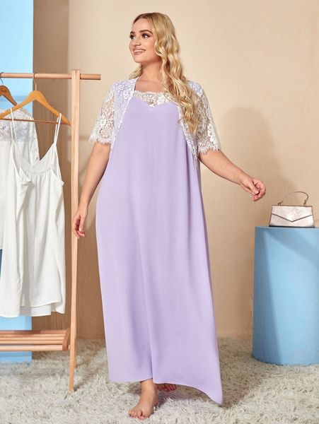 

plus square neck lace sleeve sleepdress d8yc#, Black;white