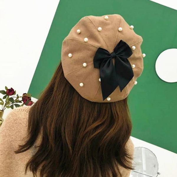 

pearl bow berets women winter wool cap vintage cashmere female warm adjustable hat girls flat caps lady fashion accessories, Blue;gray