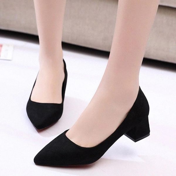 

spring ol office lady shoes woman low heels dress shoes faux suede shallow ladies chunky heels pumps zapatos mujer n7703 #xn98, Black