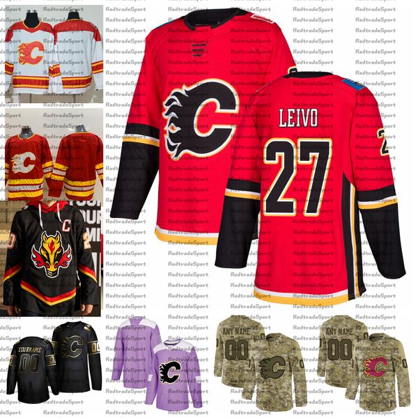 

2021 reverse retro customize #27 josh leivo calgary flames jerseys golden edition camo veterans day fights cancer hockey jersey, Black;red