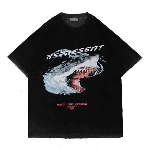 

men's t-shirts spring and summer high street brand shark print used loose men's short sleeve t-shirt 55l4, White;black