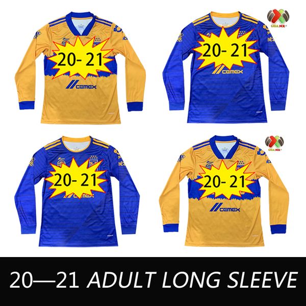

men 2020 2021 tigres uanl soccer jersey 20 21 mexico club yellow 7 stars gignac vargas sosa away blue home football shirt long sleeve, Black;yellow