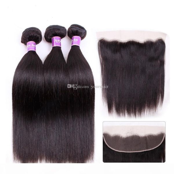 

brazilian malaysian mongolian indian peruvian straight human hair 3 bundles with lace frontal closure 13*4 baby hair ing, Black;brown