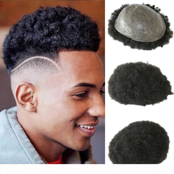 

6mm afro toupee for black men human hair african american wigs full skin 8x10inch mens curly wig