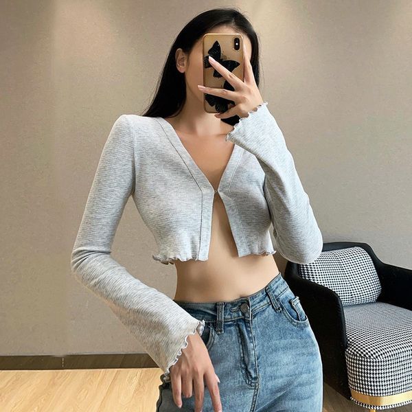 

hirigin 2020 women's t-shirts style long sleeve split cardigan ruched ladies solid single-button slim v neck crop top, White