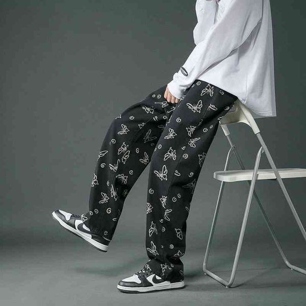 

men's jeans brand clothing men baggy homme straight pants printing fashion blue/black casual biker denim loose trousers 4xl nzcq