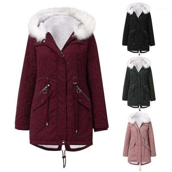 

2020 new cotton coat winter jackets women's cotton jacket mid-length hooded zipper drawstring plus velvet warm overcoat parkas1, Black
