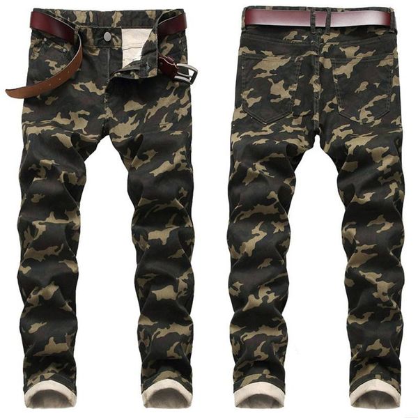 

men's jeans army green printed casual pants denim fashion dropship large size camouflage personality slim stretch, Blue