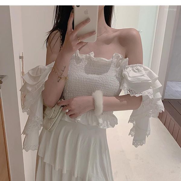 

women feminine slash neck ruched patchwork lace ruffles short blouse summer chic tube, White
