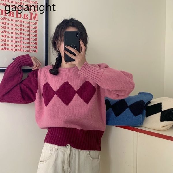 

gaganight chic vintage argyle women sweater korean autumn winter o-neck pullovers office lady fashion loose sweaters knited h1211, White;black