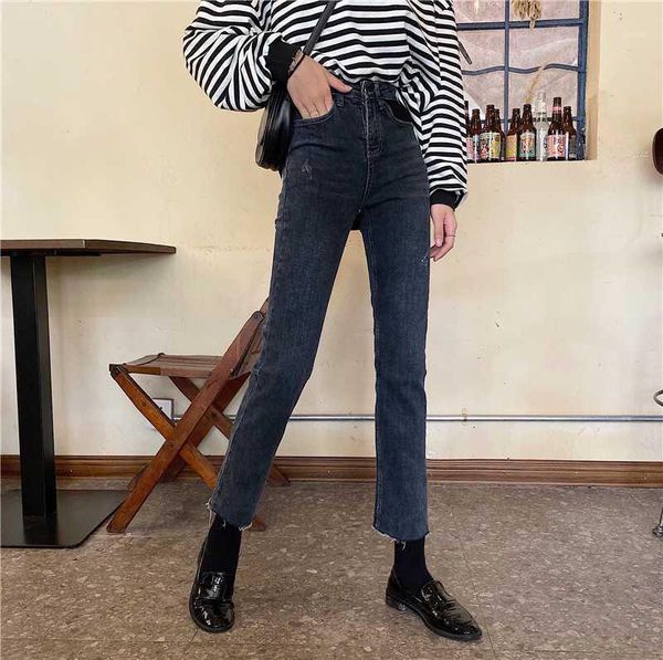 

new 2020 spring and autumn high-waisted wide-leg trousers winter jeans straight tube nine point trousers woman1, Blue