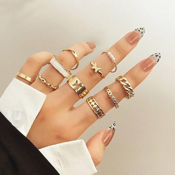 Cluster Rings Vienkim Fashion Hiphop Catena d'oro Set per le donne Ragazze Punk Geometrica Simple Finger 2022 Trend Jewelry Party