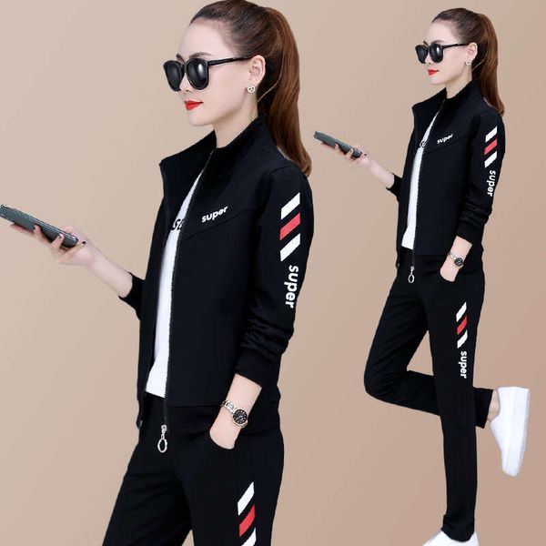 

women's sweater new spring and autumn three piece set stand collar coat fashionable foreign style sports clothes leisure suit, Black