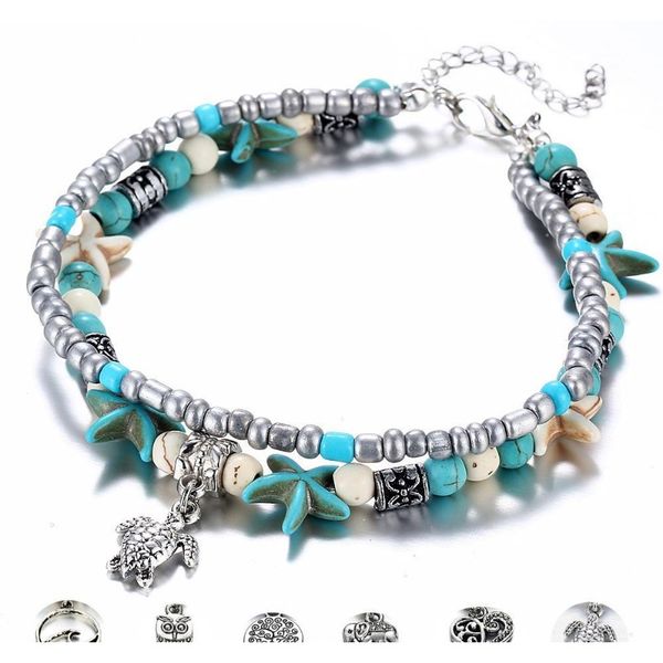 

boho style ankle bracelet bohemia sea turtle starfish charms beach anklet shell for women handmade leg bracelet jewelry gojyw, Red;blue