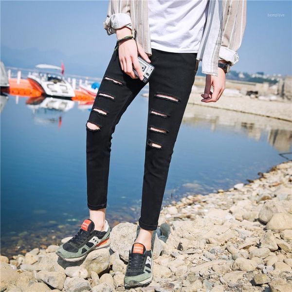 

summer 2020 street teenagers handsome casual one-word ripped jeans korean small feet ankle length pants black slim men's pants1, Blue