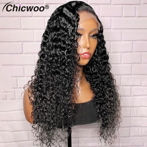 

chicwoo 13x4 lace front human hair wigs for women brazilian curly human hair wigs 150 180 250 density lace frontal wig pre pluck, Black;brown