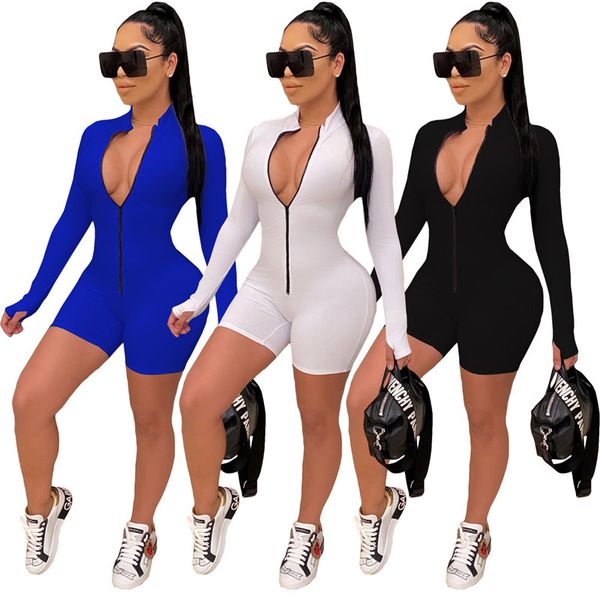 

solid color womens designer jumpsuits fashion zipper panelled long sleeve short pants womens jumpsuits casual females clothing, Black;white