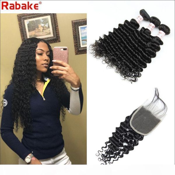 

remy deep wave bundles with closure rabake peruvian deep curly hair extensions 4x4 swiss lace weaves closure cuticle aligned hair deal, Black;brown
