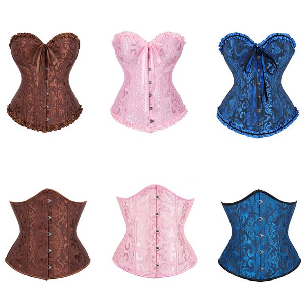 Corsetto in broccato jacquard 2022 Nuovo commercio all'ingrosso Plus size Lace up Donna Volant Nastro Ricamo floreale Overbust Sottoseno Ballo sexy Corse Bustini XS-6XL Rosa Blu Marrone