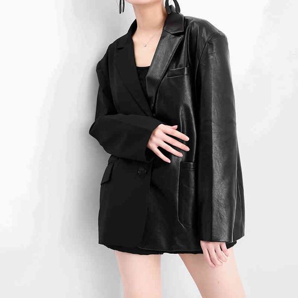 

women's suits & blazers [eam] women black zipper pu leather big size blazer lapel long sleeve loose fit jacket fashion spring autumn 20, White;black