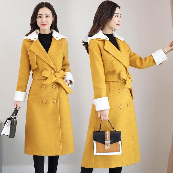 

women's wool & blends elegant vintage women x-long cashmer coat fashion slim woolen jacket with sashes single button and, Black