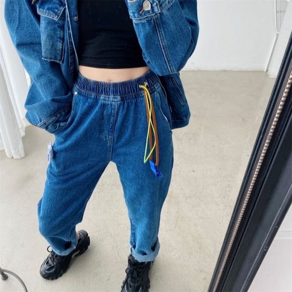 

autumn and winter 2020 new ader men's and women's street fashion casual washed jeans elastic waist worn jeans, Black;green