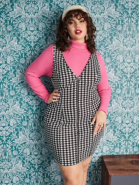 

plus houndstooth o-ring zipper front dress without tee q8et#, Black