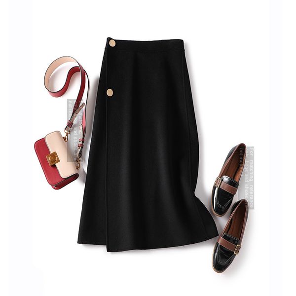 

2021 new metallic thread skirt knee length new 100% woven crisp wool 4 black gray color women's skirts midiskirt winter 41io