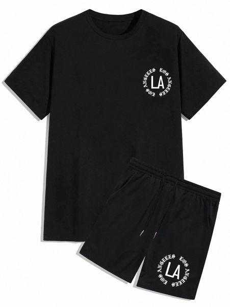 

romwe guys letter graphic tee & drawstring shorts d09w#, Gray