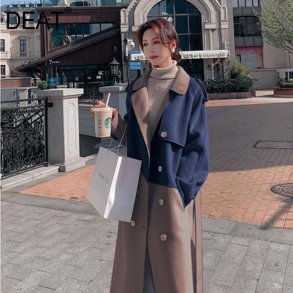 

[deat] woolen coat women hit color with sashes slim casual sweet full sleeve long length thick 2020 new autumn fashion tu914, Black