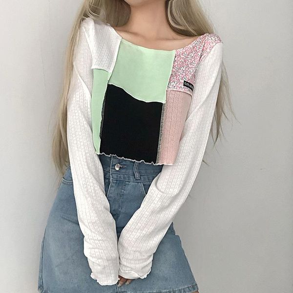 

women's t-shirt dewadbow patchwork long sleeve crop women colorblock floral ribbed party hollow out bodycon club tie front top, White